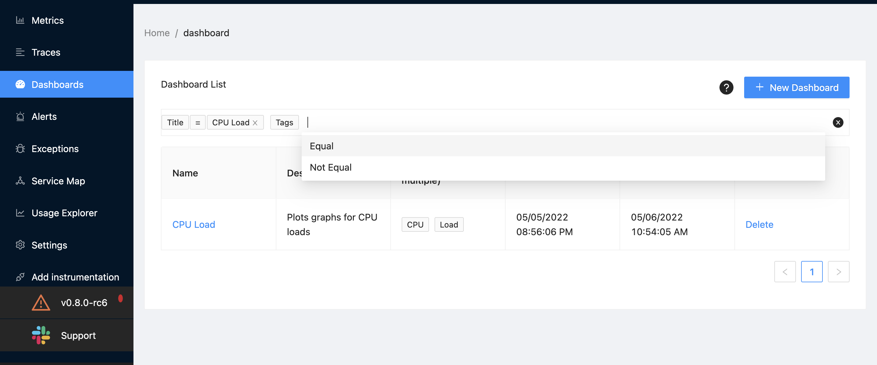 Filter Dashboards list