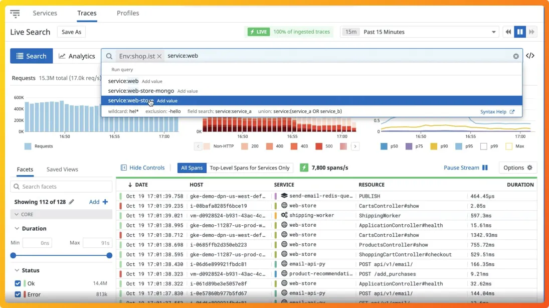 DataDog distributed tracing dashboard