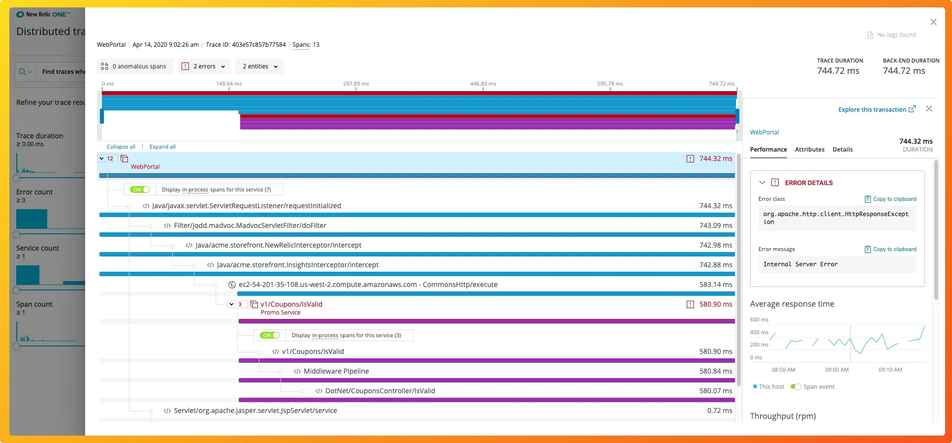 New Relic distributed tracing dashboard