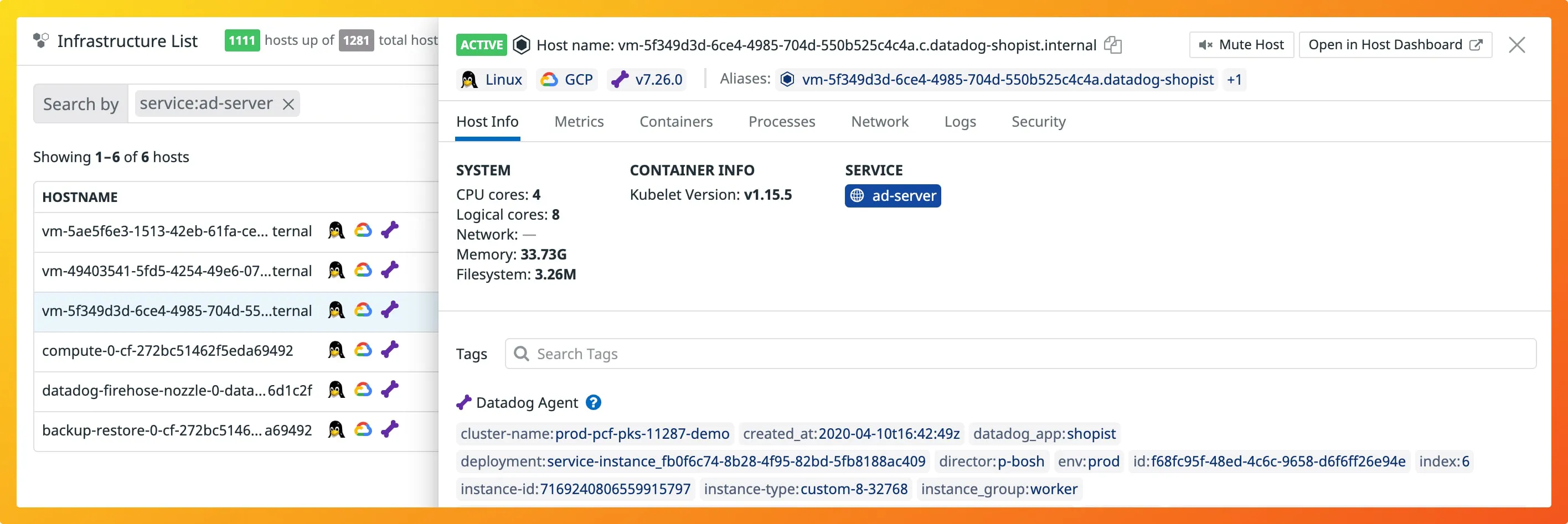 DataDog Infrastructure Monitoring Dashboard