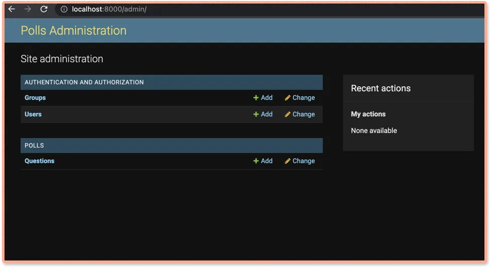 Admin access UI for the sample Django application used for monitoring Django application with OpenTelemetry