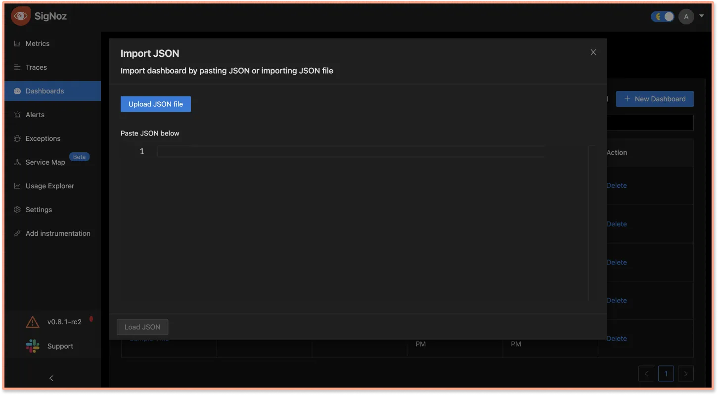 Importing JSON file for creating dashboards on SigNoz