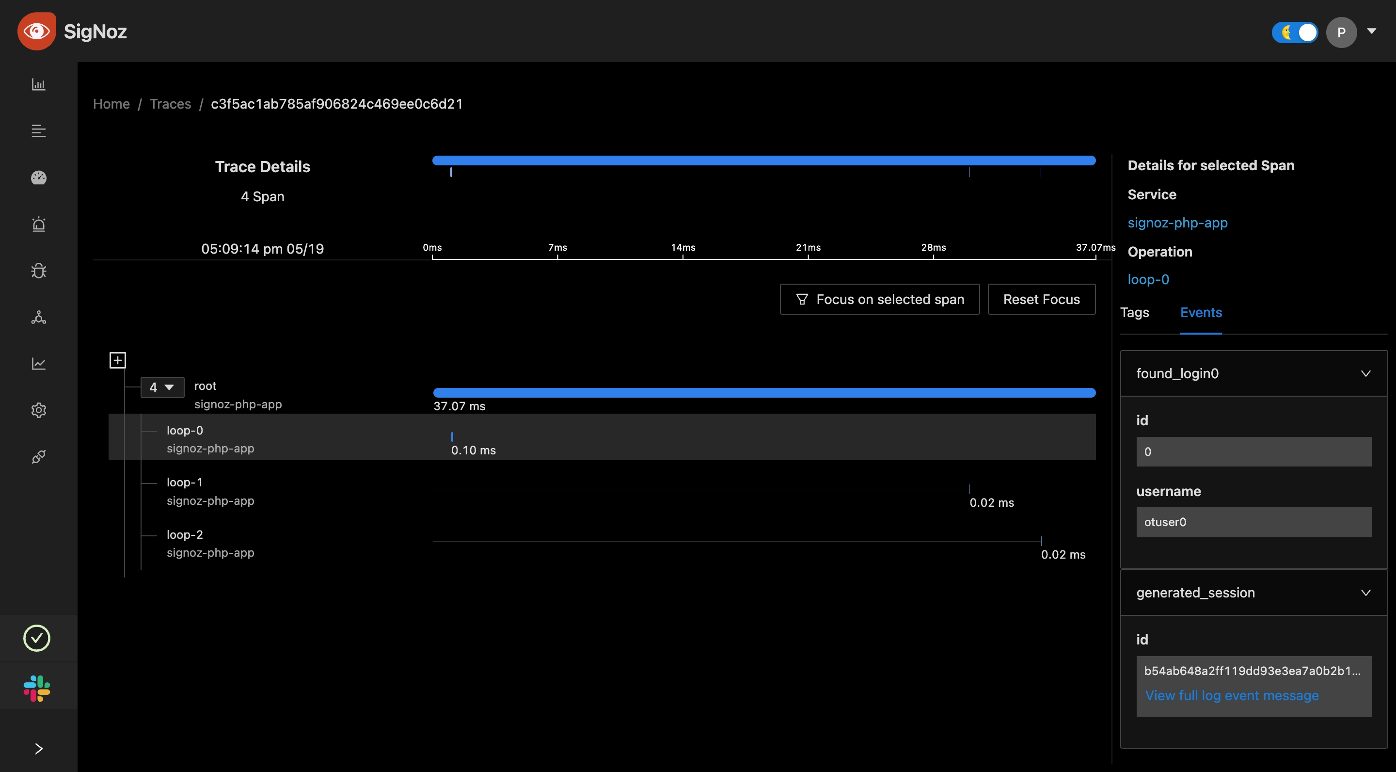 SigNoz dashboard showing Trace Detail with events