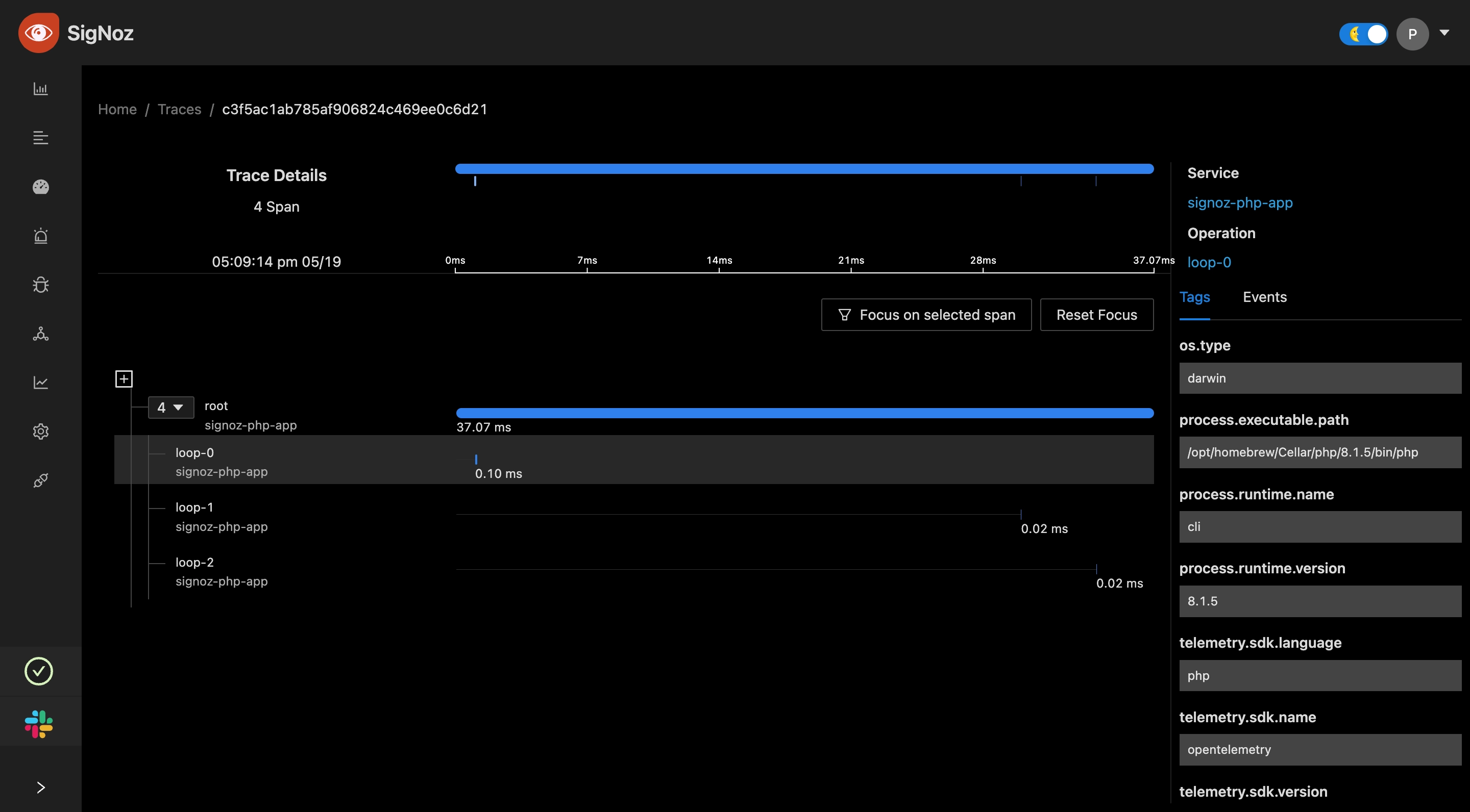 SigNoz dashboard showing Trace Detail with tags