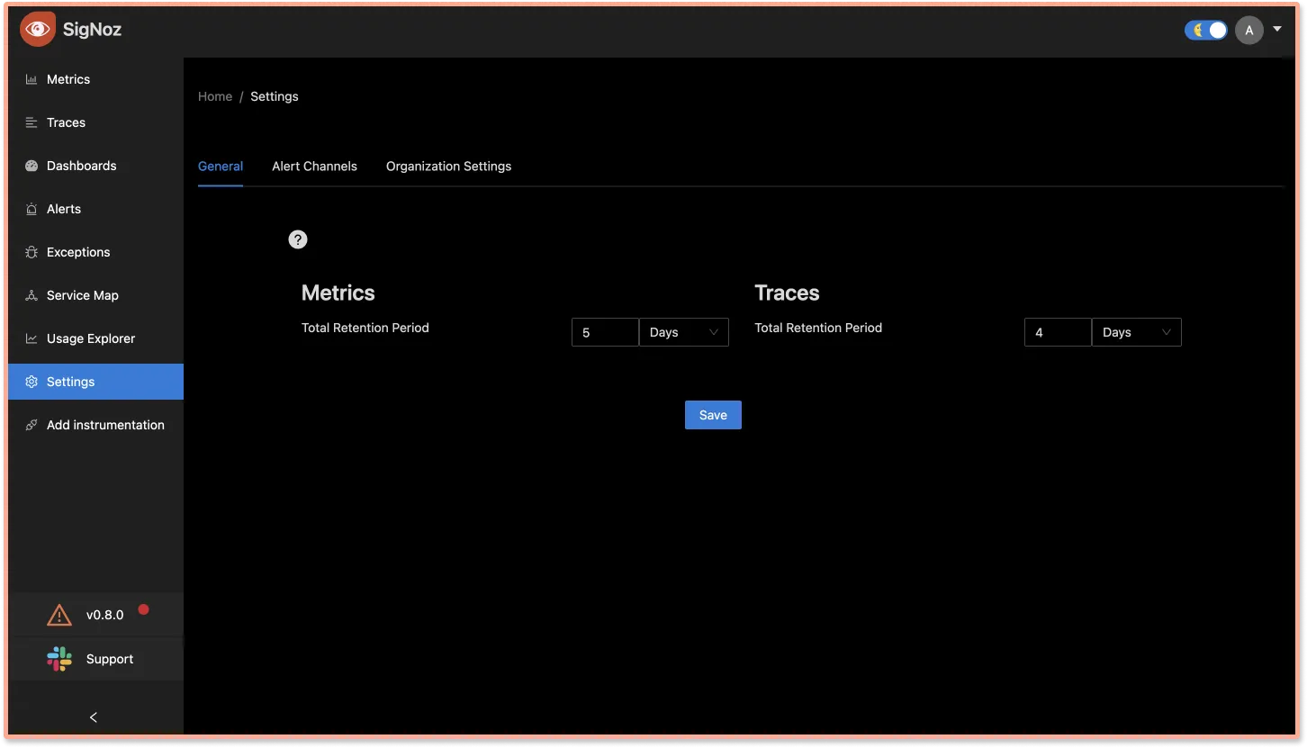 Set Retention period of metrics and traces